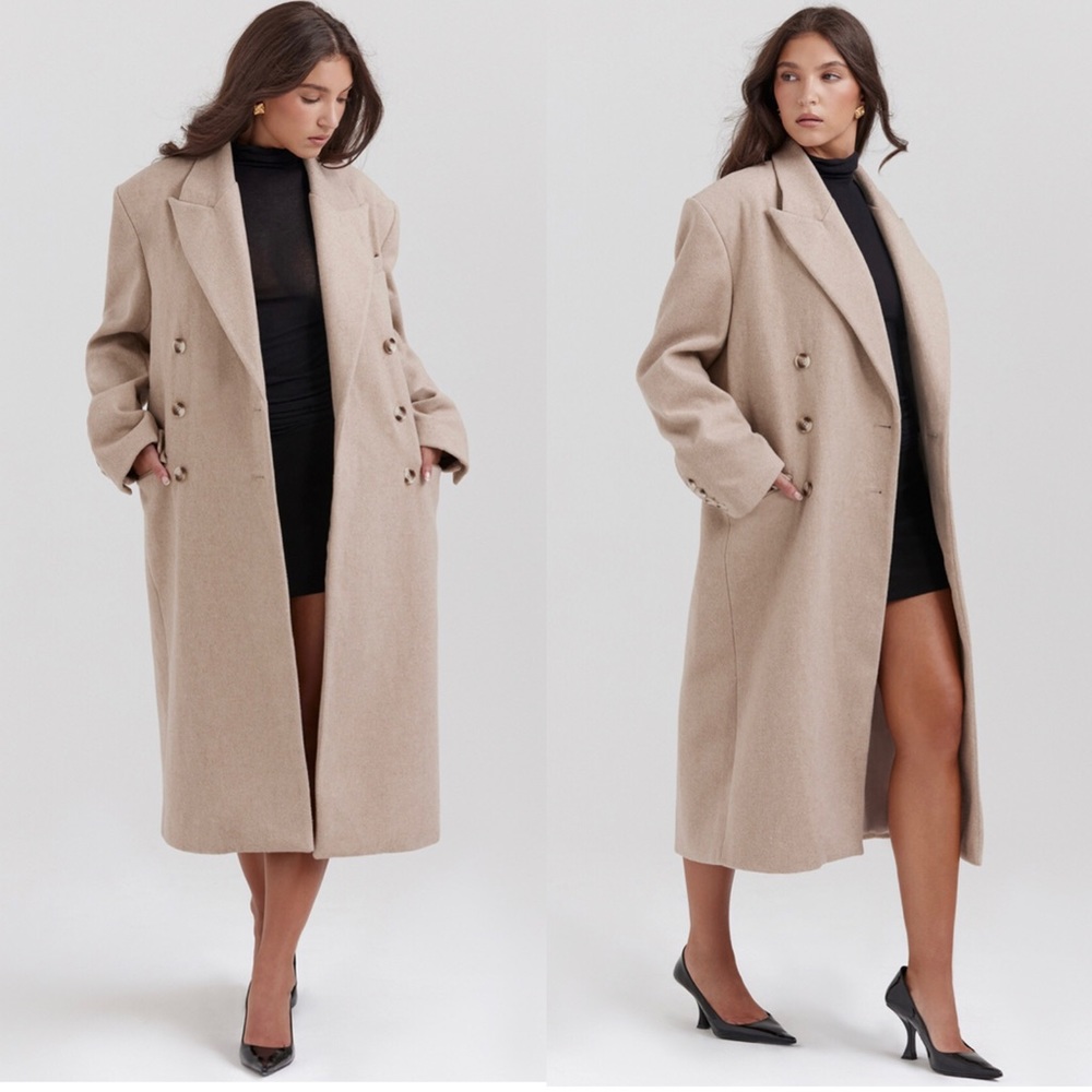 NWOT HOUSE OF CB CARTER OATMEAL DOUBLE BREASTED WOOL COAT. SIZE S - Picture 3 of 12